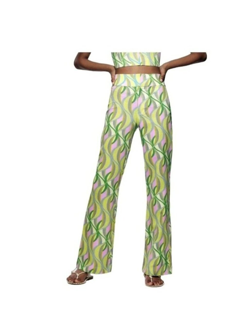 Zara Womens Small Linen Blend Flared Trouser MCM Mod 60s Hippie Art 6929 402